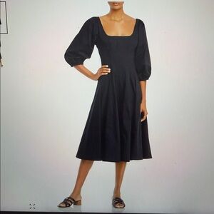 STAUD Swells Puff Sleeve Navy Midi Dress